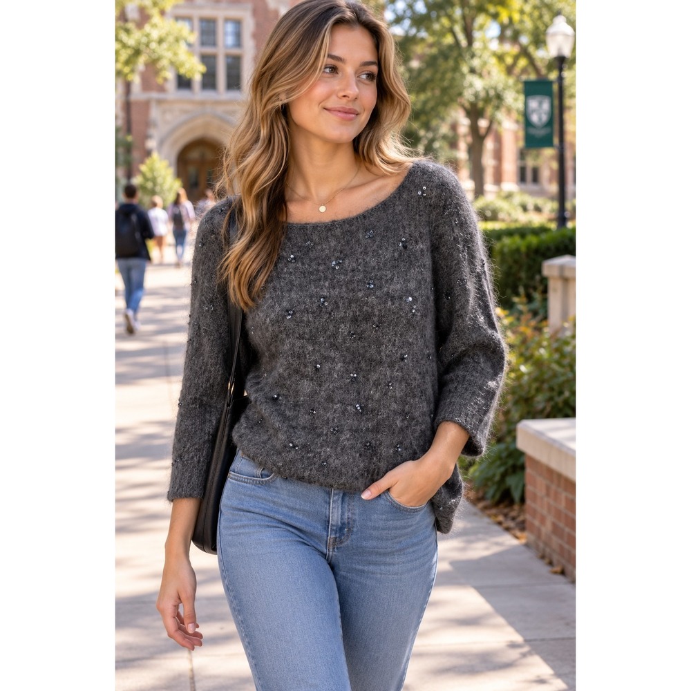Sorbe Mohair Wool Sweater S Charcoal Gray Sequin Fuzzy Knit Made Korea -2471